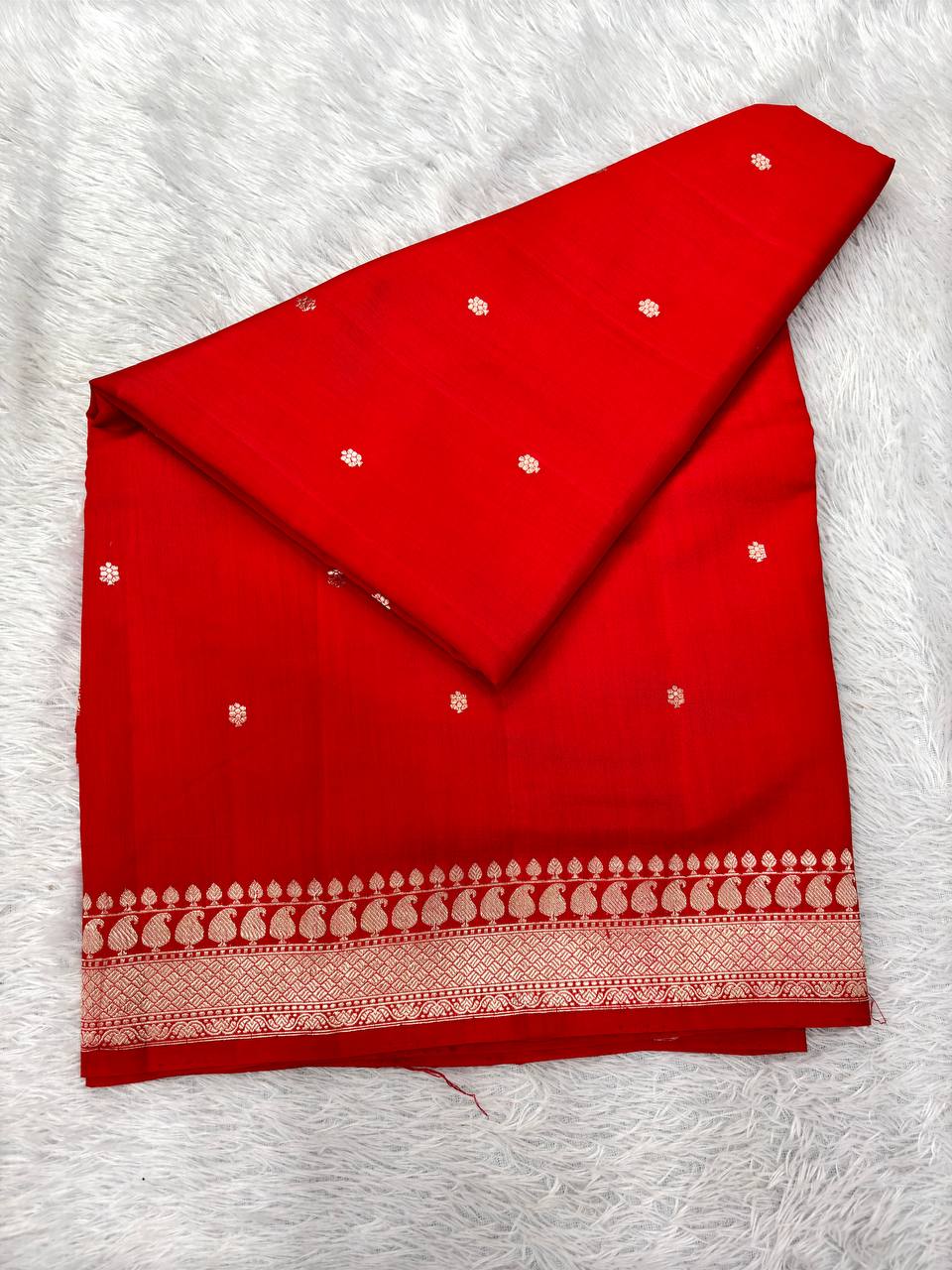 Bridal Crimson Red Lightweight Katan Silk Saree | Antique Silver Zari Kadhua Micro Booti & Traditional Leaf Lattice Border