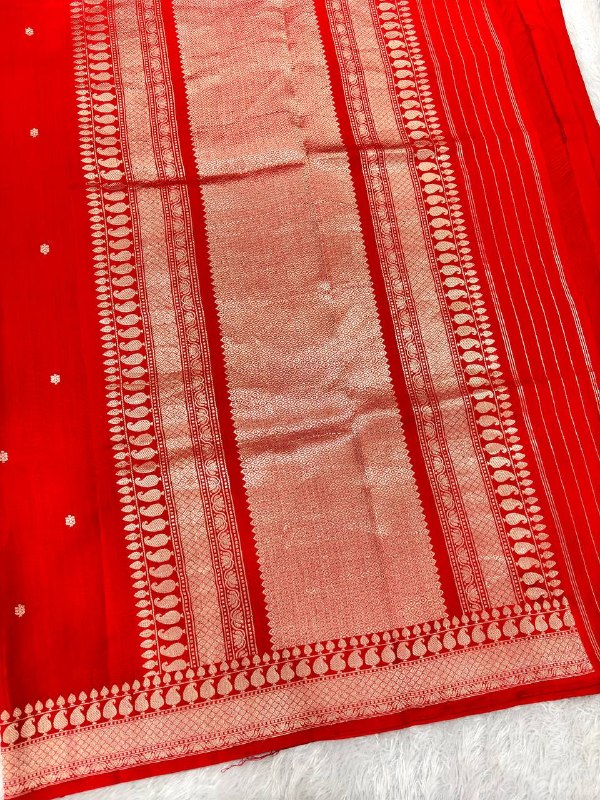Bridal Crimson Red Lightweight Katan Silk Saree | Antique Silver Zari Kadhua Micro Booti & Traditional Leaf Lattice Border