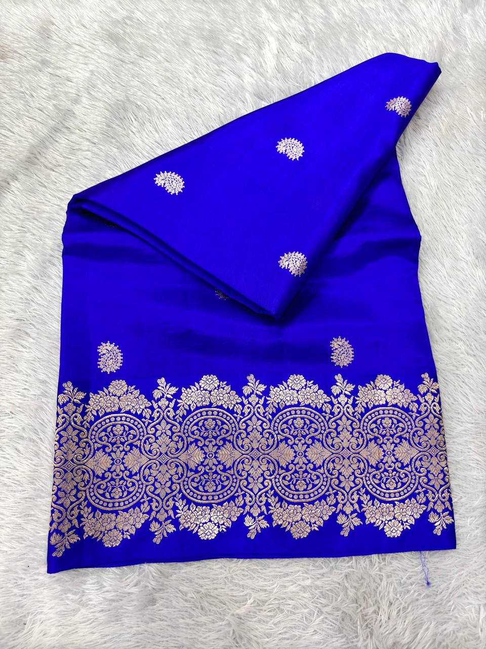 Royal Ink Blue Lightweight Katan Silk Saree | Antique Silver Zari Kadhua Paisley Booti & Grand Baroque Floral Border