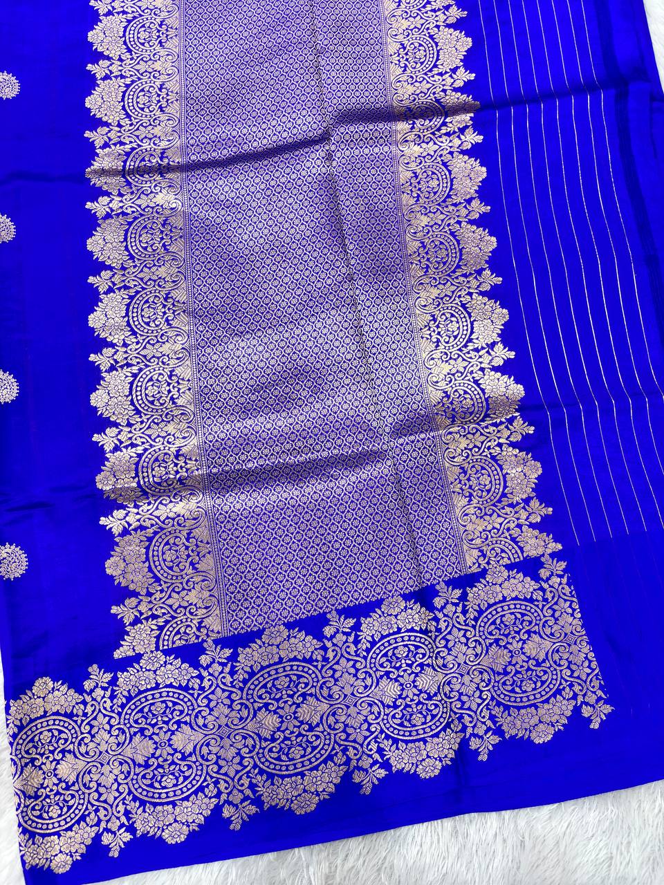 Royal Ink Blue Lightweight Katan Silk Saree | Antique Silver Zari Kadhua Paisley Booti & Grand Baroque Floral Border