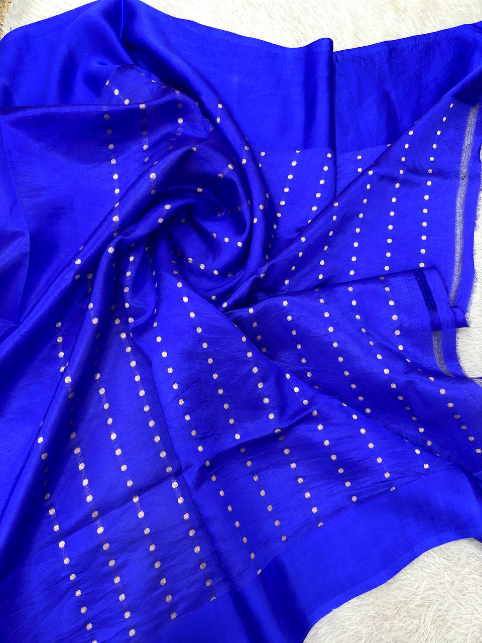 Royal Ink Blue Lightweight Katan Silk Saree | Antique Silver Zari Kadhua Paisley Booti & Grand Baroque Floral Border