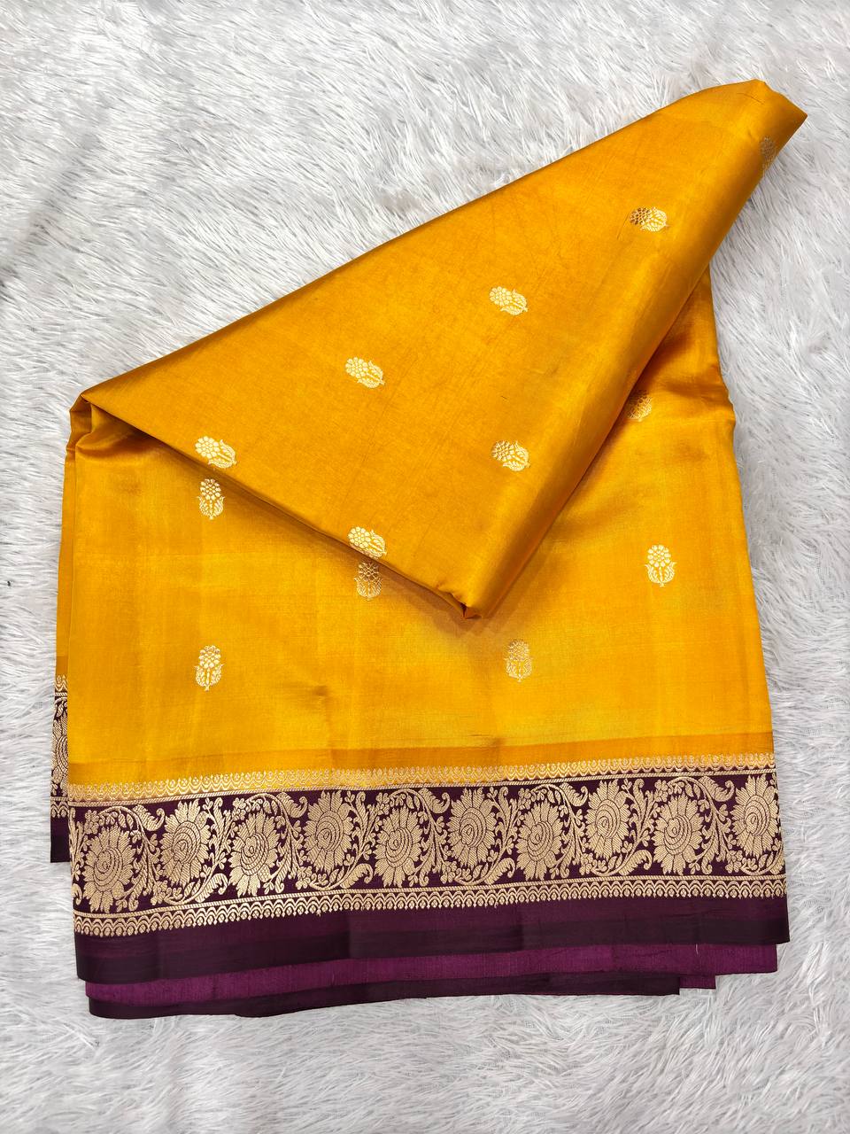 Bright Mustard Haldi Yellow Lightweight Katan Silk Saree | Sona Rupa Kadhua Guldasta Booti & Contrast Wine Plum Border