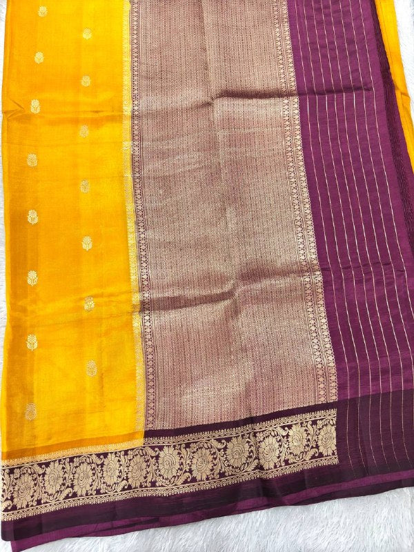 Bright Mustard Haldi Yellow Lightweight Katan Silk Saree | Sona Rupa Kadhua Guldasta Booti & Contrast Wine Plum Border