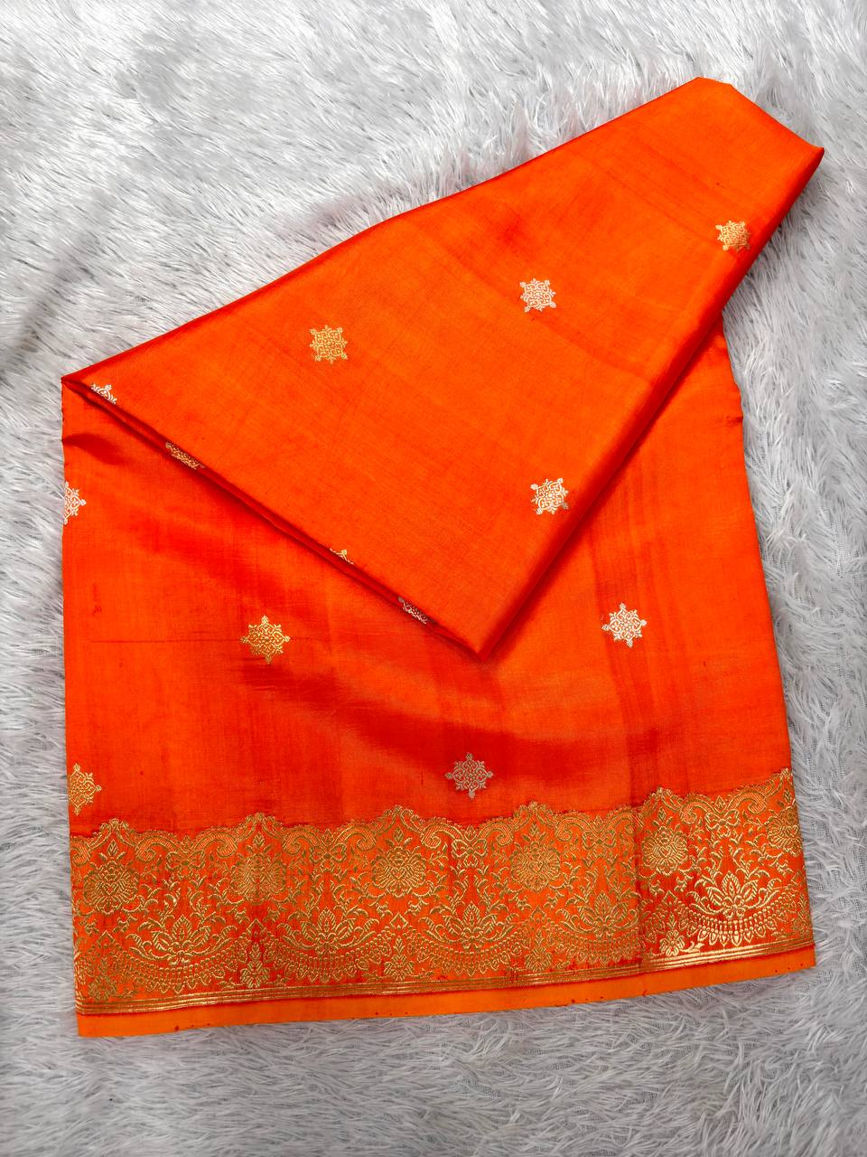 Vibrant Tangerine Orange Lightweight Katan Silk Saree | Sona Rupa Kadhua Chowkdi Booti & Ornate Scalloped Floral Border