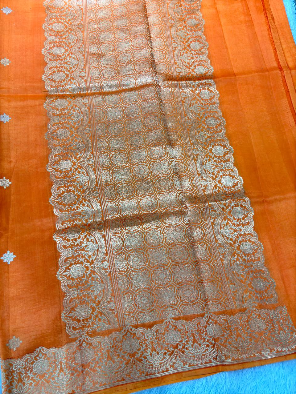 Vibrant Tangerine Orange Lightweight Katan Silk Saree | Sona Rupa Kadhua Chowkdi Booti & Ornate Scalloped Floral Border