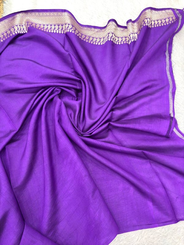 Royal Violet Purple Lightweight Katan Silk Saree | Antique Silver Zari Kadhua Booti & Traditional Leaf Lattice Border