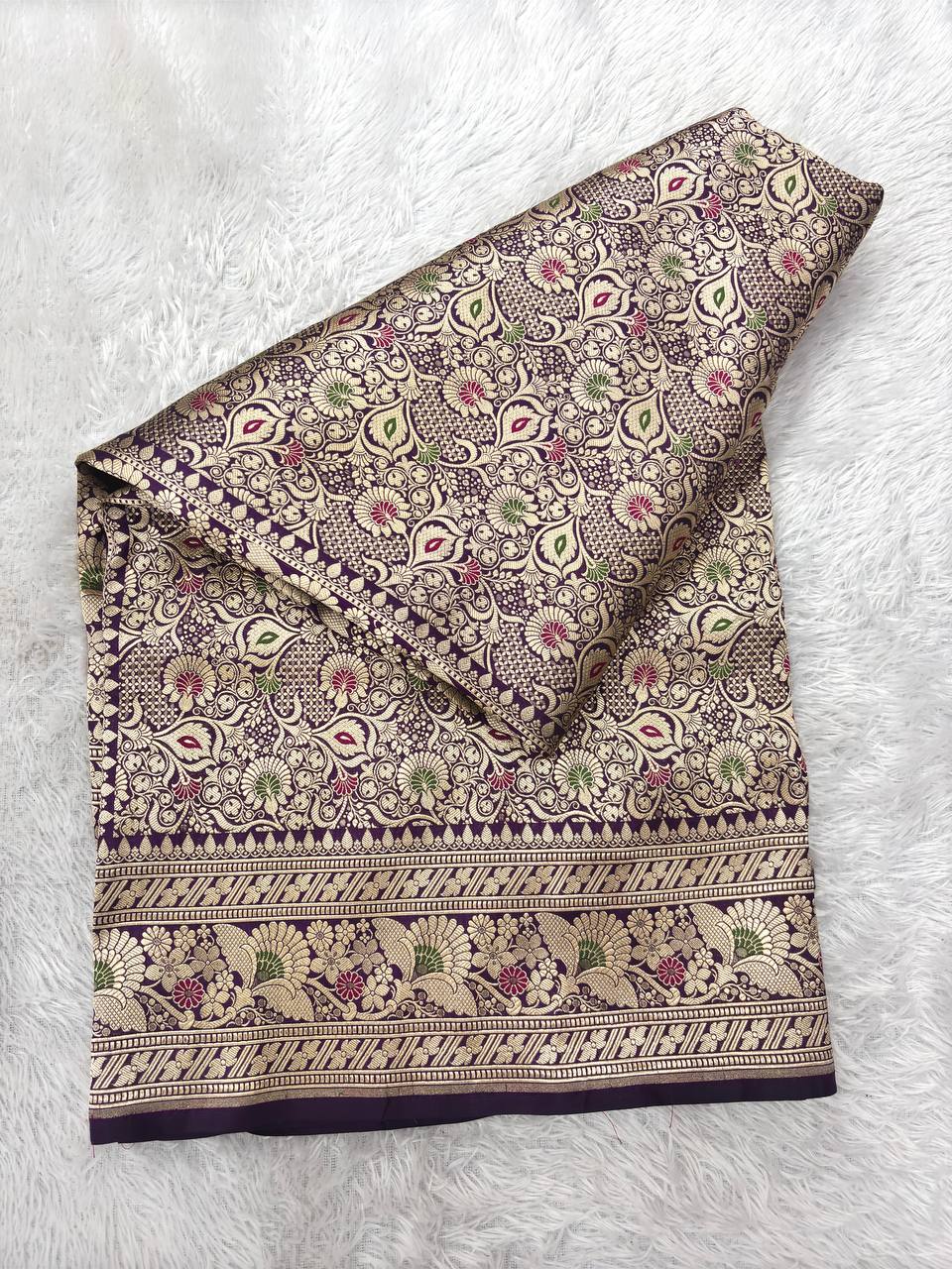 Royal Wine Violet Katan Silk Banarasi Brocade Saree | All-Over Jangal Floral Vines Kinkhwab Jaal with Peacock Paisleys & Detailed Meenakari