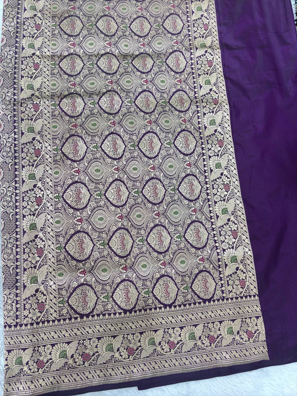 Royal Wine Violet Katan Silk Banarasi Brocade Saree | All-Over Jangal Floral Vines Kinkhwab Jaal with Peacock Paisleys & Detailed Meenakari