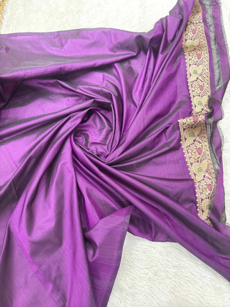 Royal Wine Violet Katan Silk Banarasi Brocade Saree | All-Over Jangal Floral Vines Kinkhwab Jaal with Peacock Paisleys & Detailed Meenakari