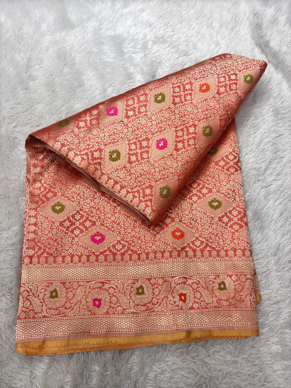 Blush Coral Peach Katan Silk Banarasi Brocade Saree | All-Over Chowkdi Shikargah Jaal with Sona Rupa Zari & Jeweled Meenakari Borders