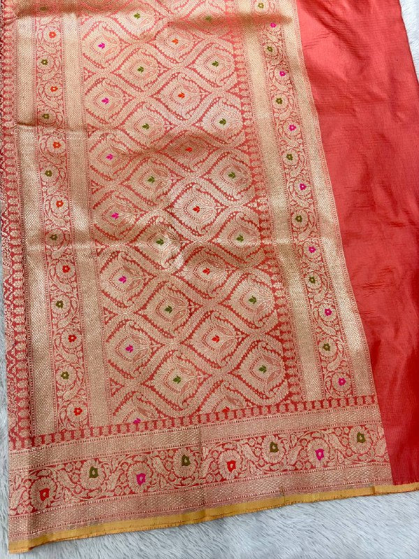 Blush Coral Peach Katan Silk Banarasi Brocade Saree | All-Over Chowkdi Shikargah Jaal with Sona Rupa Zari & Jeweled Meenakari Borders
