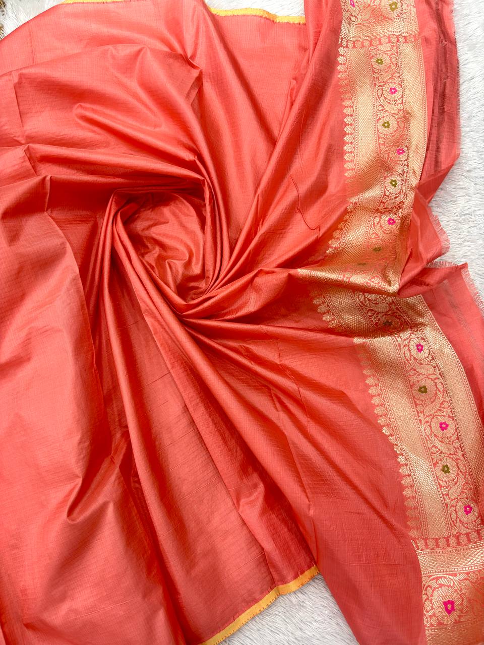 Blush Coral Peach Katan Silk Banarasi Brocade Saree | All-Over Chowkdi Shikargah Jaal with Sona Rupa Zari & Jeweled Meenakari Borders