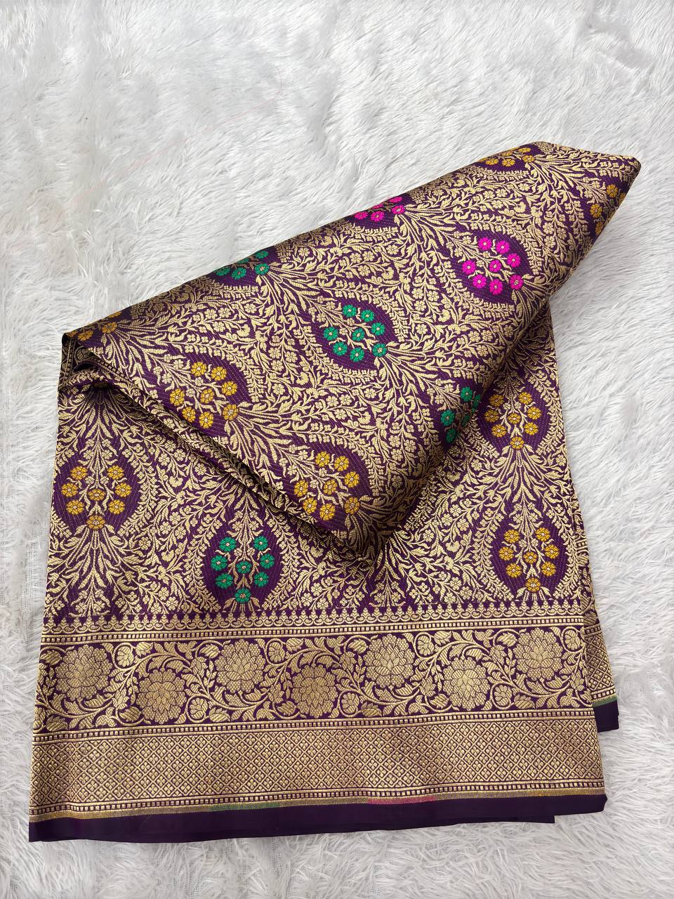 Royal Wine Violet Katan Silk Banarasi Brocade Saree | All-Over Ogee Pauda Jaal with Sona Rupa Zari & Multicolored Meenakari Bouquet Accents