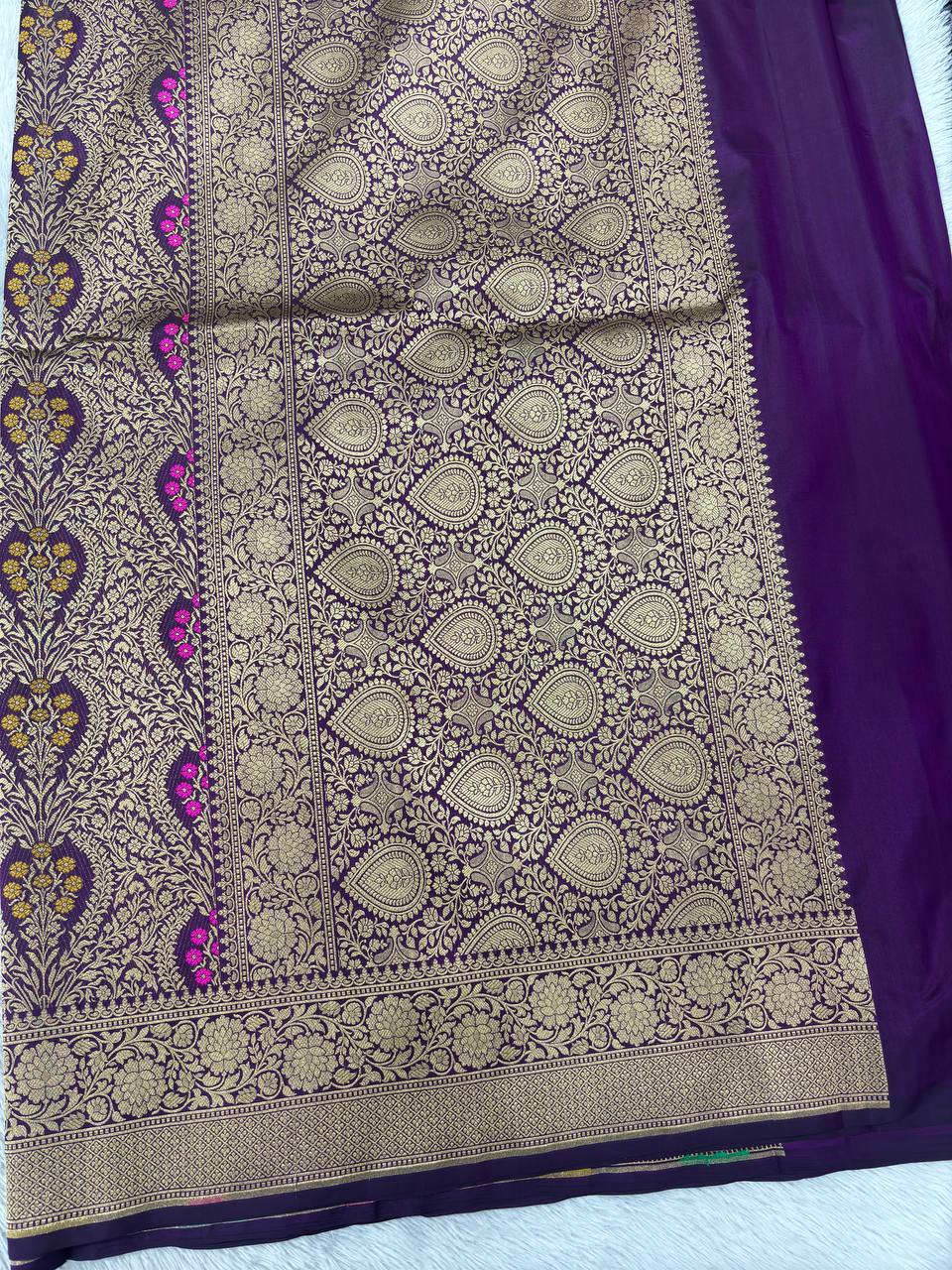 Royal Wine Violet Katan Silk Banarasi Brocade Saree | All-Over Ogee Pauda Jaal with Sona Rupa Zari & Multicolored Meenakari Bouquet Accents