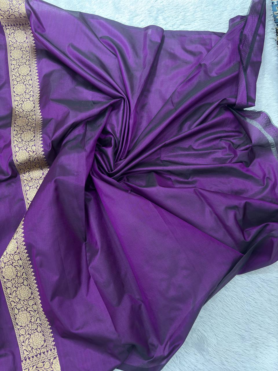 Royal Wine Violet Katan Silk Banarasi Brocade Saree | All-Over Ogee Pauda Jaal with Sona Rupa Zari & Multicolored Meenakari Bouquet Accents