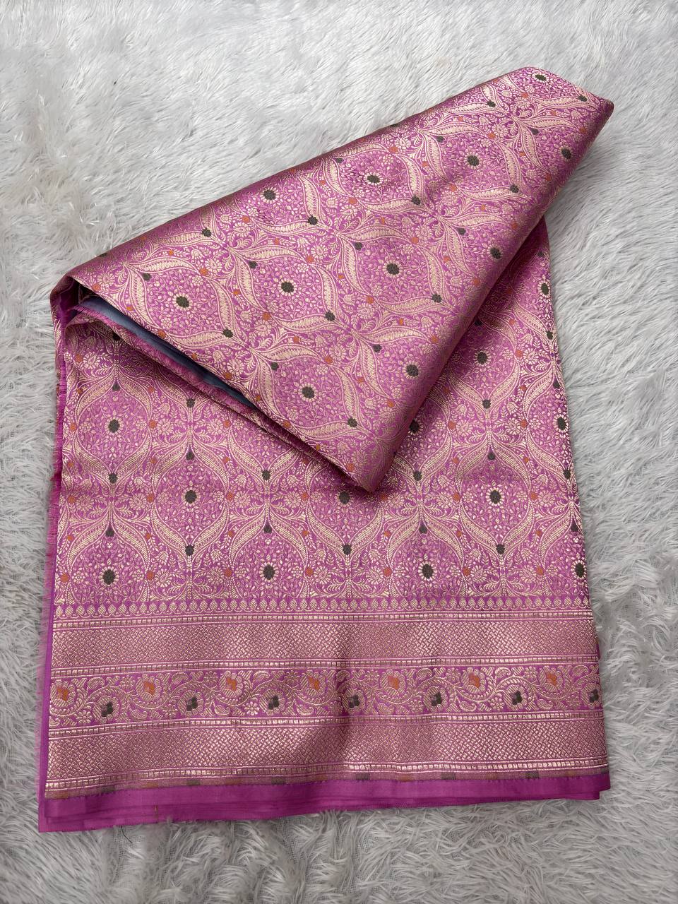 Orchid Mauve Pink Katan Silk Banarasi Brocade Saree | All-Over Ogee Meenakari Jaal with Sona Rupa Zari & Traditional Vine Border