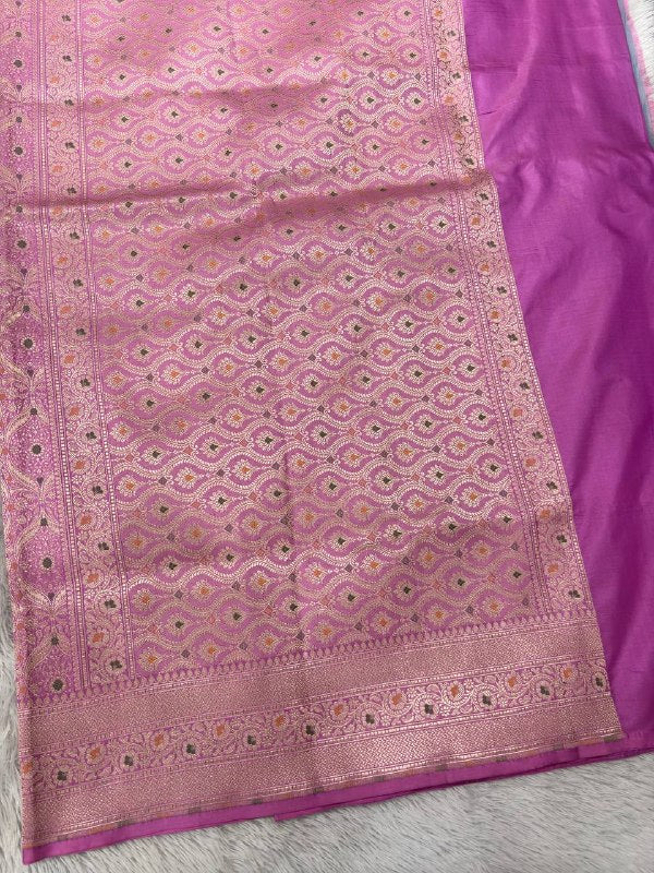Orchid Mauve Pink Katan Silk Banarasi Brocade Saree | All-Over Ogee Meenakari Jaal with Sona Rupa Zari & Traditional Vine Border