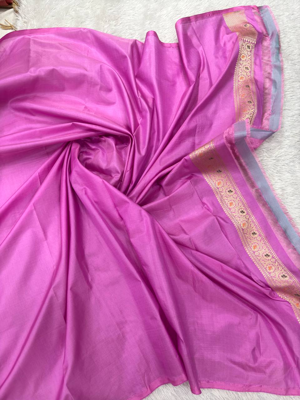 Orchid Mauve Pink Katan Silk Banarasi Brocade Saree | All-Over Ogee Meenakari Jaal with Sona Rupa Zari & Traditional Vine Border