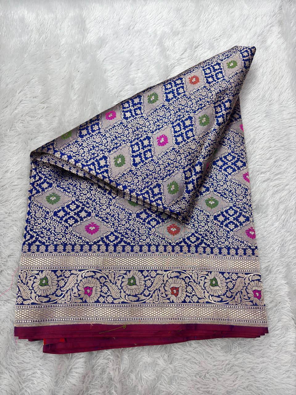 Royal Ink Blue Katan Silk Banarasi Brocade Saree | All-Over Chowkdi Shikargah Jaal with Sona Rupa Zari & Jeweled Meenakari Borders