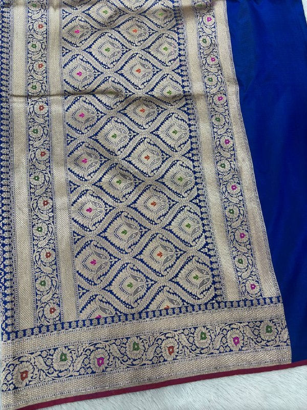 Royal Ink Blue Katan Silk Banarasi Brocade Saree | All-Over Chowkdi Shikargah Jaal with Sona Rupa Zari & Jeweled Meenakari Borders