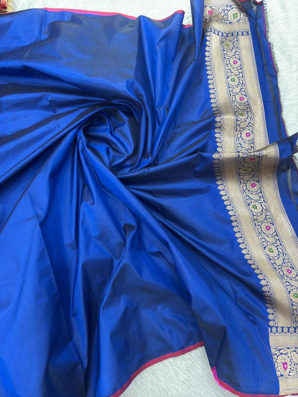 Royal Ink Blue Katan Silk Banarasi Brocade Saree | All-Over Chowkdi Shikargah Jaal with Sona Rupa Zari & Jeweled Meenakari Borders