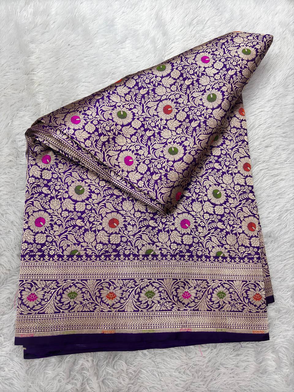 Royal Wine Violet Katan Silk Banarasi Brocade Saree | All-Over Jangal Floral Vines Kinkhwab Jaal with Sona Rupa Zari & Jeweled Meenakari