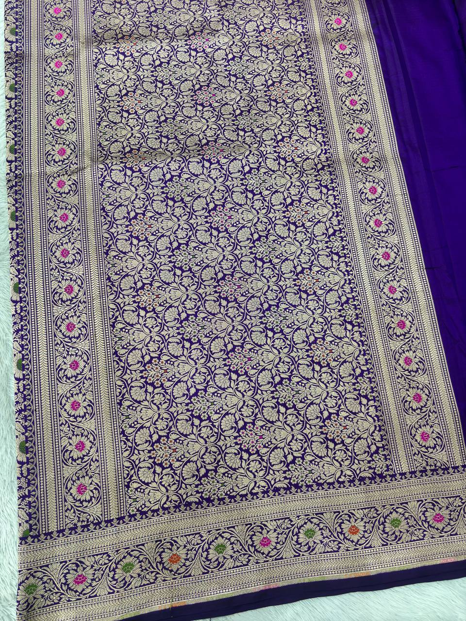 Royal Wine Violet Katan Silk Banarasi Brocade Saree | All-Over Jangal Floral Vines Kinkhwab Jaal with Sona Rupa Zari & Jeweled Meenakari