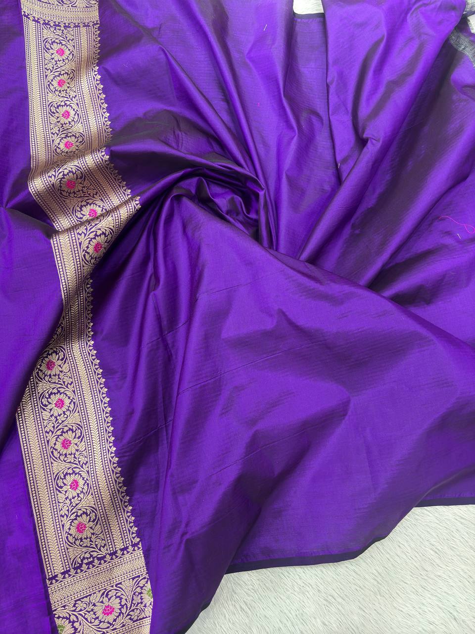 Royal Wine Violet Katan Silk Banarasi Brocade Saree | All-Over Jangal Floral Vines Kinkhwab Jaal with Sona Rupa Zari & Jeweled Meenakari