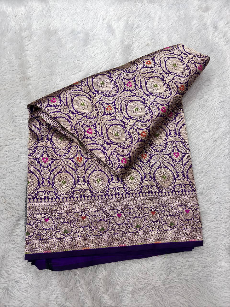 Royal Wine Violet Katan Silk Banarasi Brocade Saree | All-Over Ogee Meenakari Jaal with Sona Rupa Zari & Traditional Vine Border