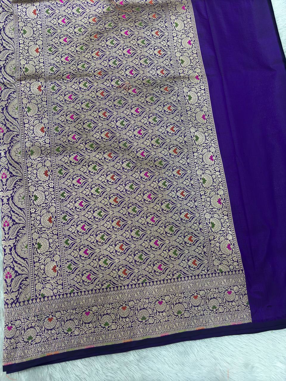 Royal Wine Violet Katan Silk Banarasi Brocade Saree | All-Over Ogee Meenakari Jaal with Sona Rupa Zari & Traditional Vine Border