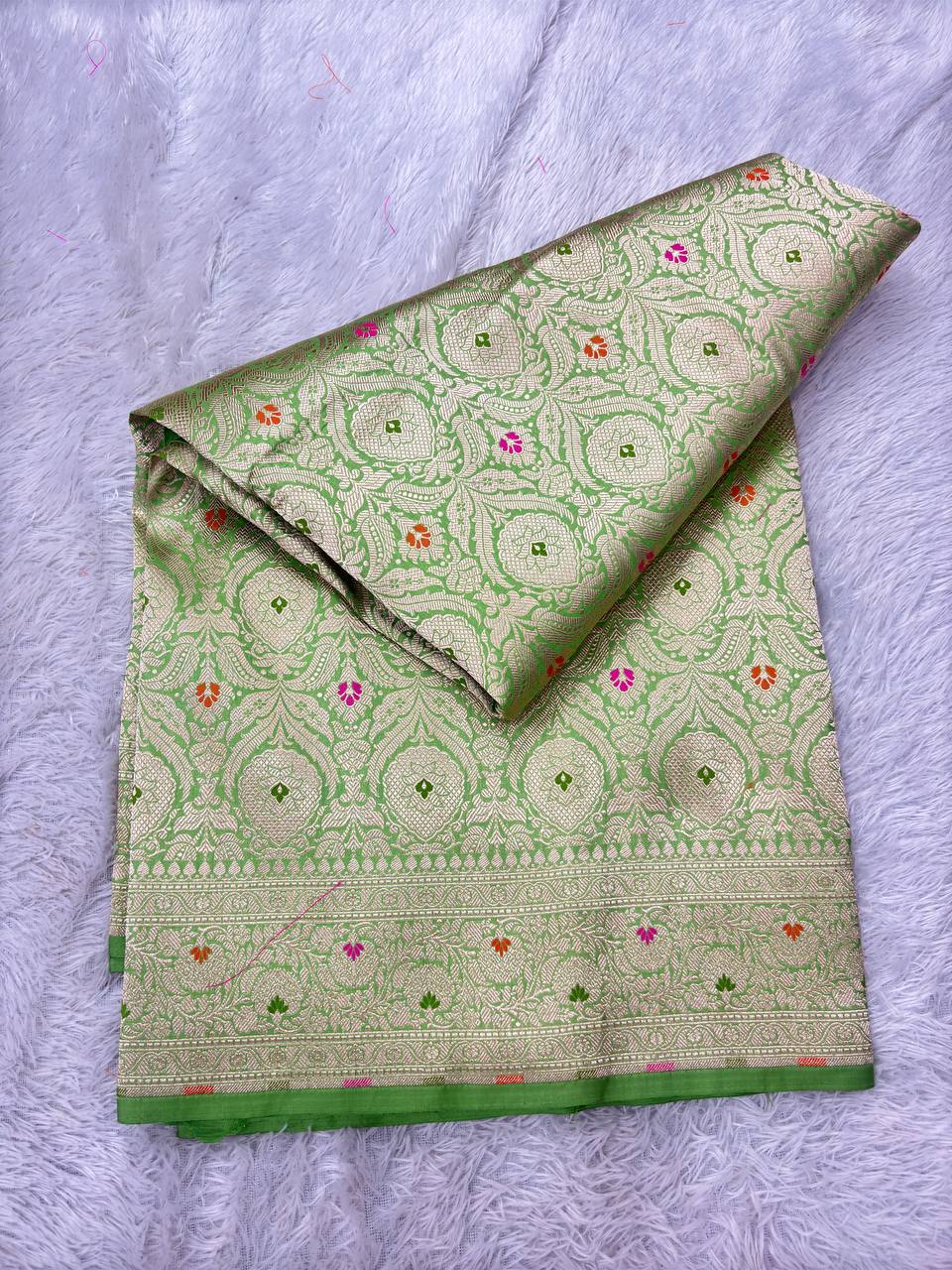 Luminous Pistachio Green Katan Silk Banarasi Brocade Saree | All-Over Ogee Meenakari Jaal with Sona Rupa Zari & Traditional Vine Border