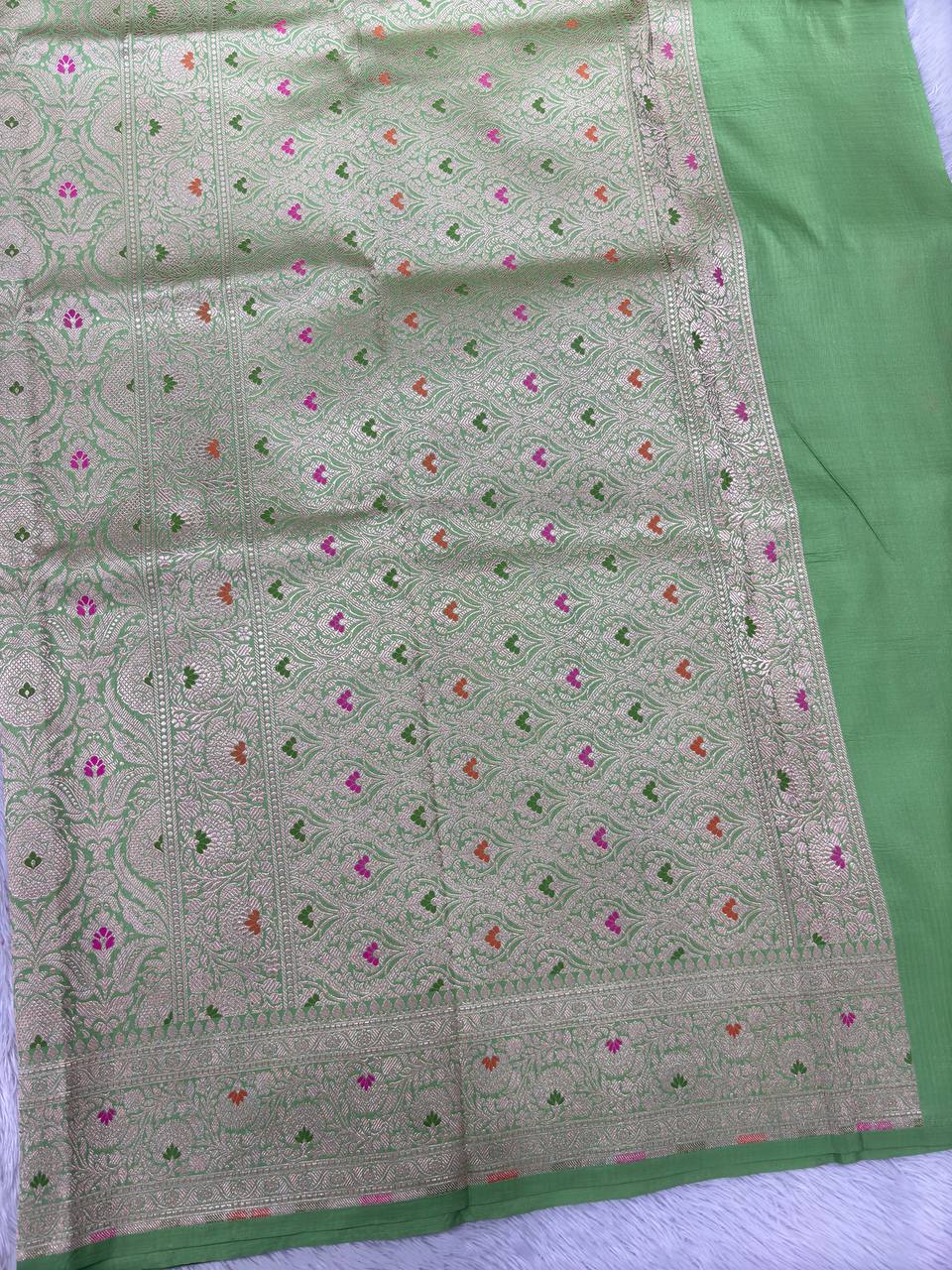 Luminous Pistachio Green Katan Silk Banarasi Brocade Saree | All-Over Ogee Meenakari Jaal with Sona Rupa Zari & Traditional Vine Border