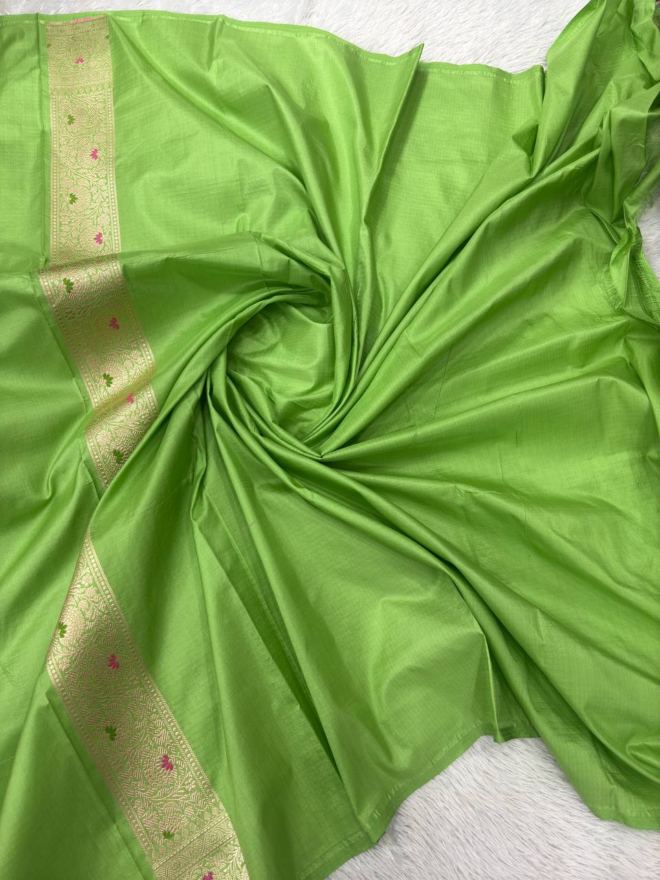 Luminous Pistachio Green Katan Silk Banarasi Brocade Saree | All-Over Ogee Meenakari Jaal with Sona Rupa Zari & Traditional Vine Border