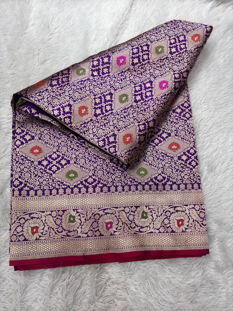 Royal Wine Violet Katan Silk Banarasi Brocade Saree | All-Over Chowkdi Shikargah Jaal with Sona Rupa Zari & Jeweled Meenakari Borders