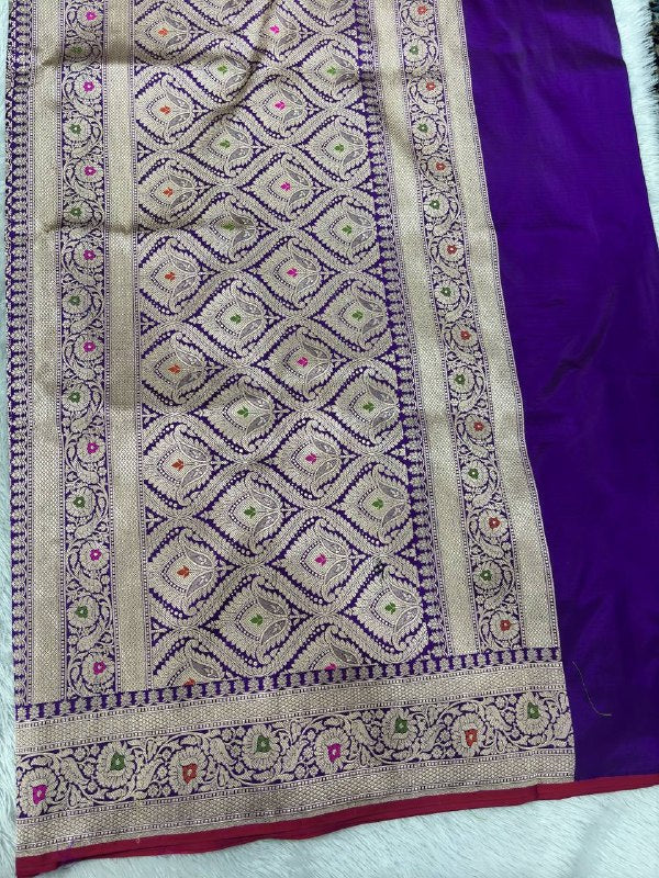 Royal Wine Violet Katan Silk Banarasi Brocade Saree | All-Over Chowkdi Shikargah Jaal with Sona Rupa Zari & Jeweled Meenakari Borders