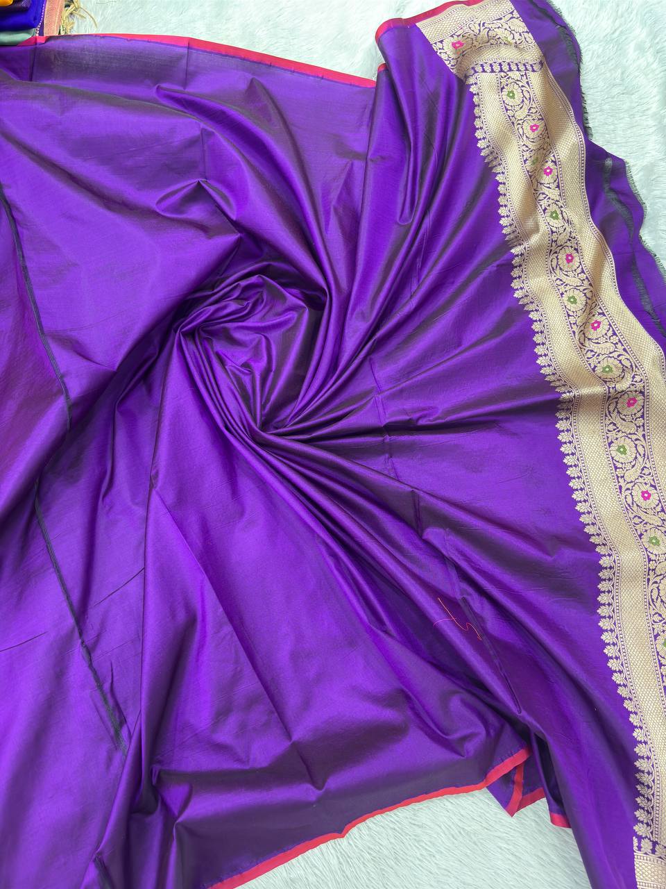 Royal Wine Violet Katan Silk Banarasi Brocade Saree | All-Over Chowkdi Shikargah Jaal with Sona Rupa Zari & Jeweled Meenakari Borders