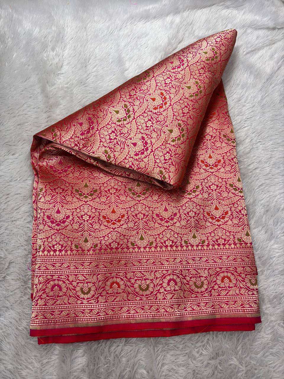 Bridal Crimson Red Katan Silk Banarasi Brocade Saree | All-Over Floral Vines Kinkhwab Jaal with Sona Rupa Zari & Subtle Meenakari Accents