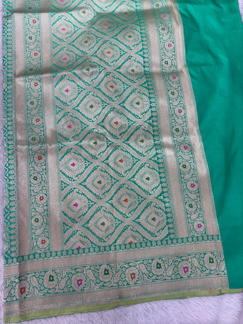 Vibrant Mint Emerald Green Katan Silk Banarasi Brocade Saree | All-Over Chowkdi Shikargah Jaal with Sona Rupa Zari & Jeweled Meenakari Borders