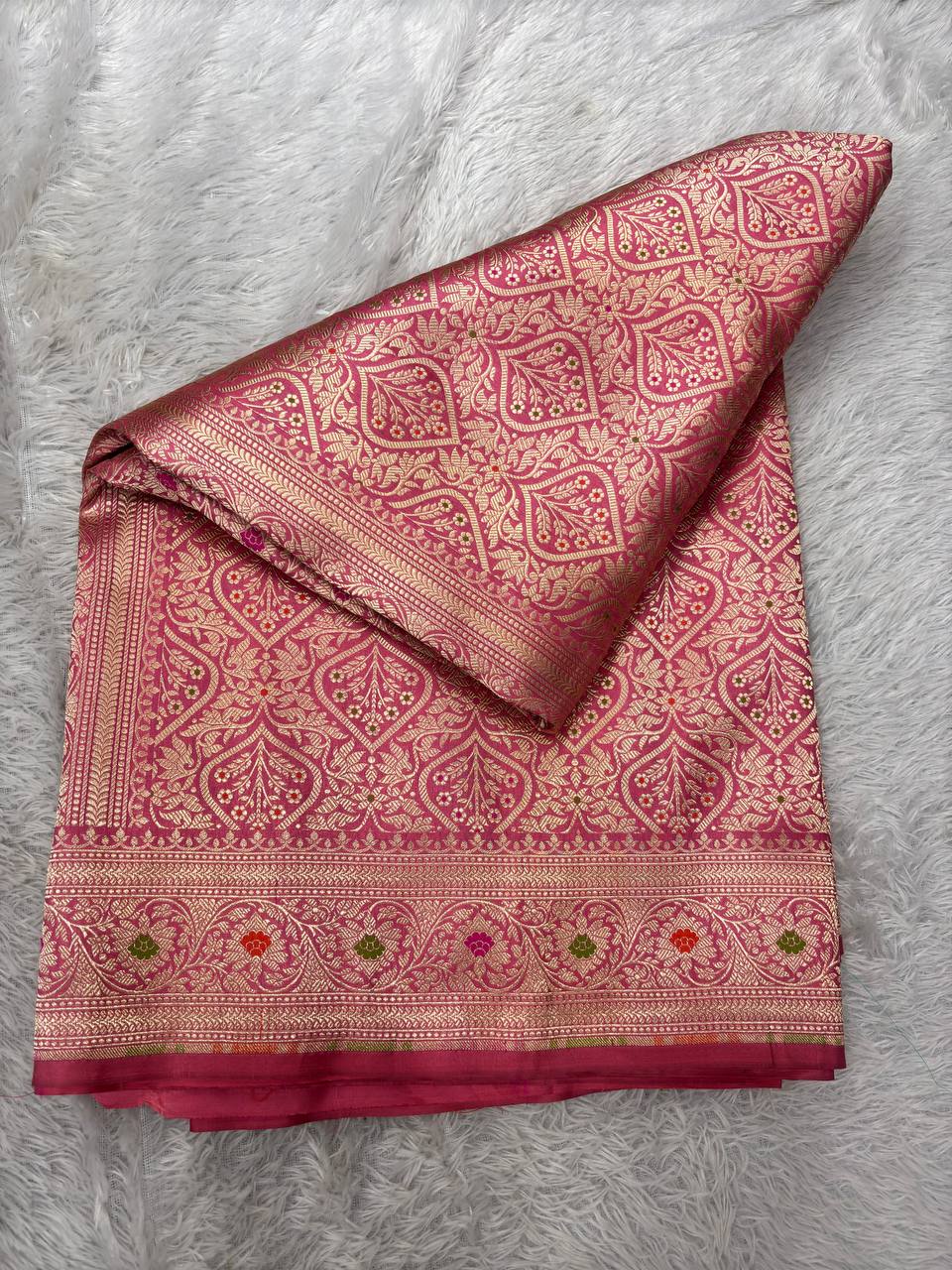 Bridal Onion Pink Katan Silk Banarasi Brocade Saree | All-Over Jaal Kinkhwab Pattern with Sona Rupa Zari & Delicate Meenakari Borders