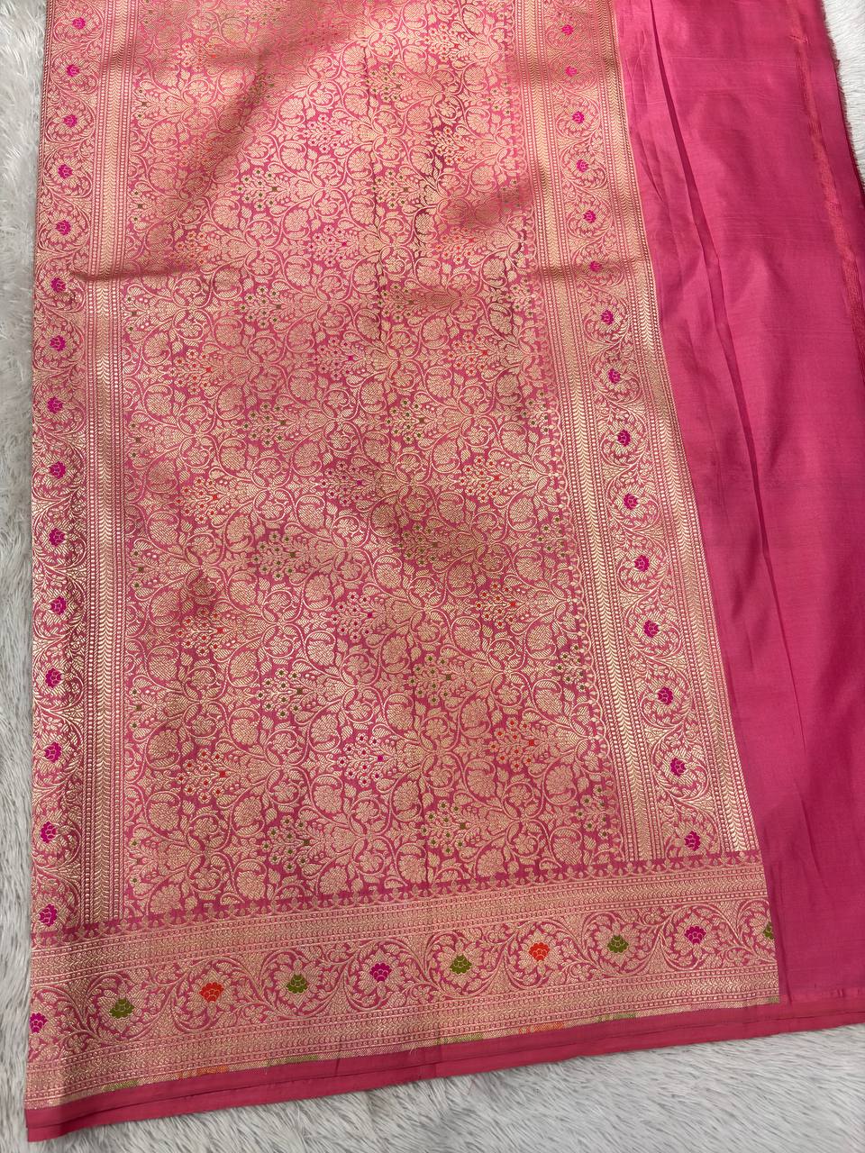 Bridal Onion Pink Katan Silk Banarasi Brocade Saree | All-Over Jaal Kinkhwab Pattern with Sona Rupa Zari & Delicate Meenakari Borders