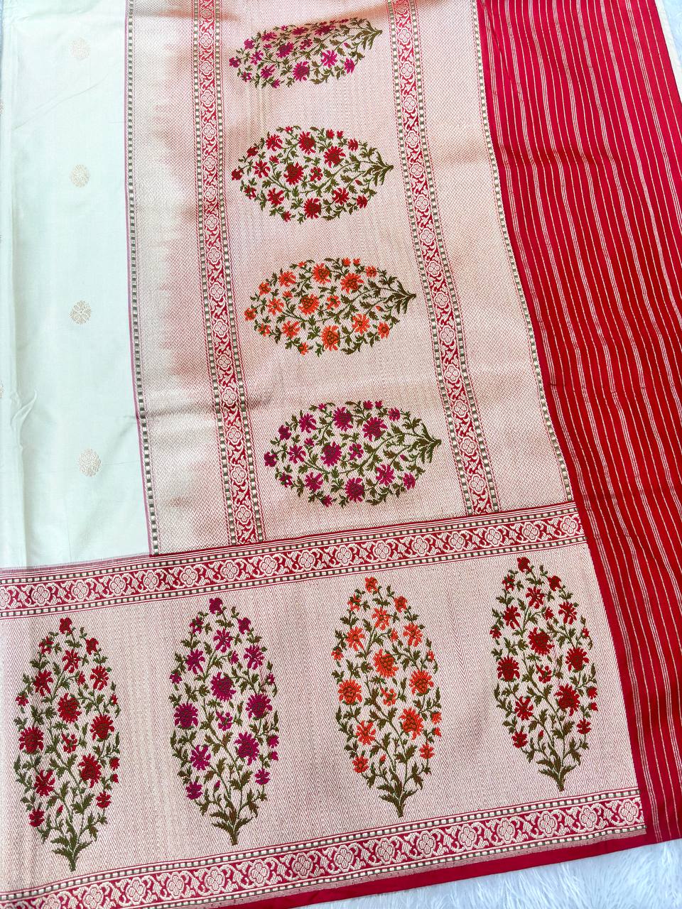 Heirloom Cream Ivory Katan Silk Banarasi Saree | Delicate Cutwork Chowkdi Booti & Contrast Crimson Red Pallu with Oversized Meenakari Floral Trees