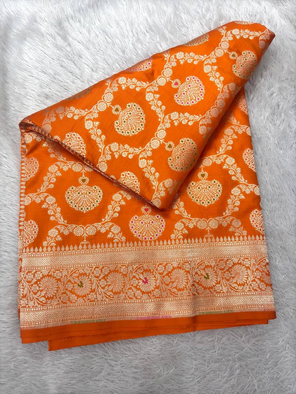 Festive Marigold Tangerine Katan Silk Banarasi Saree | Antique Gold Kadhua Ogee Lattice & Meenakari Peacock Fan Boota