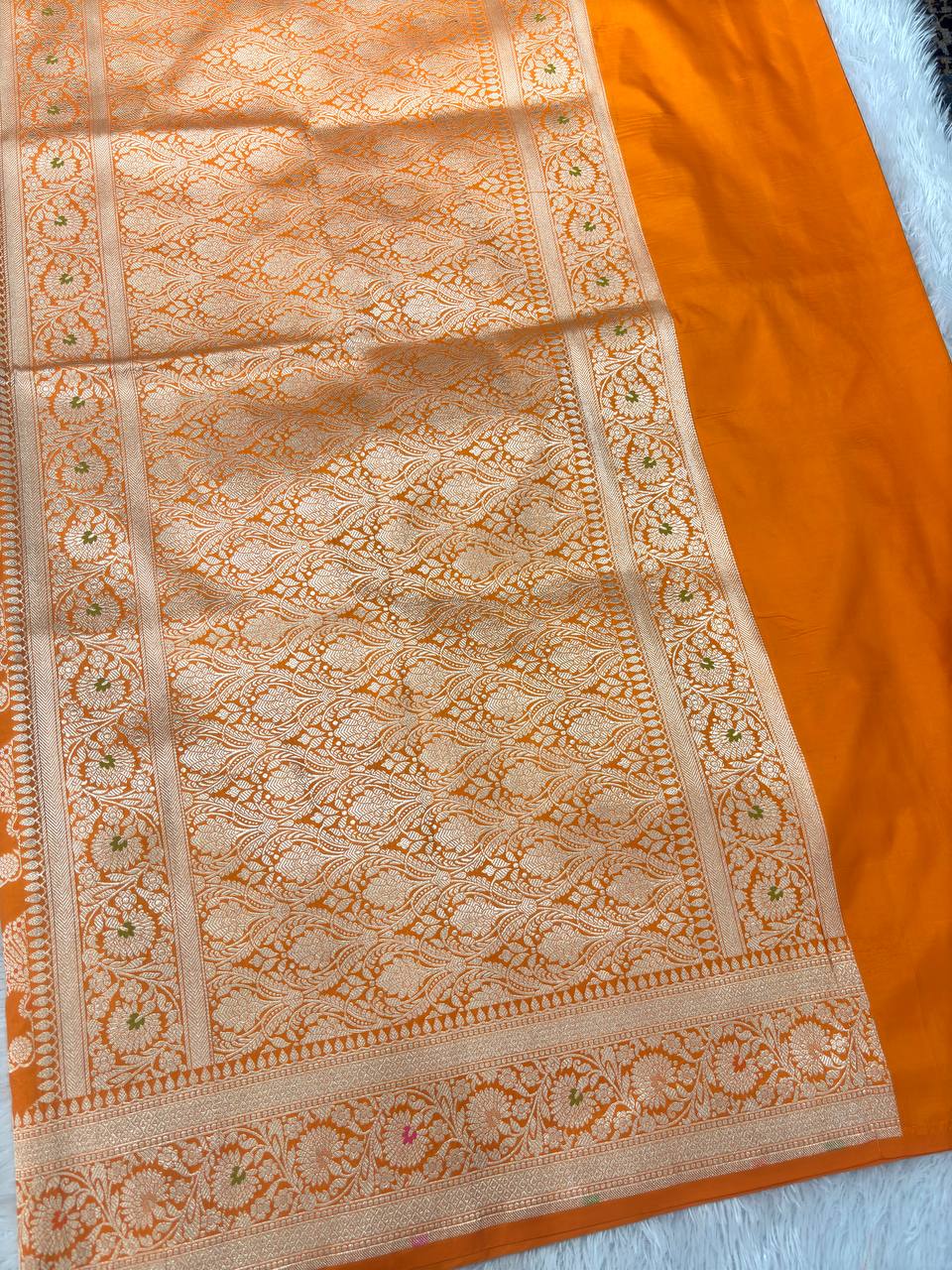Festive Marigold Tangerine Katan Silk Banarasi Saree | Antique Gold Kadhua Ogee Lattice & Meenakari Peacock Fan Boota