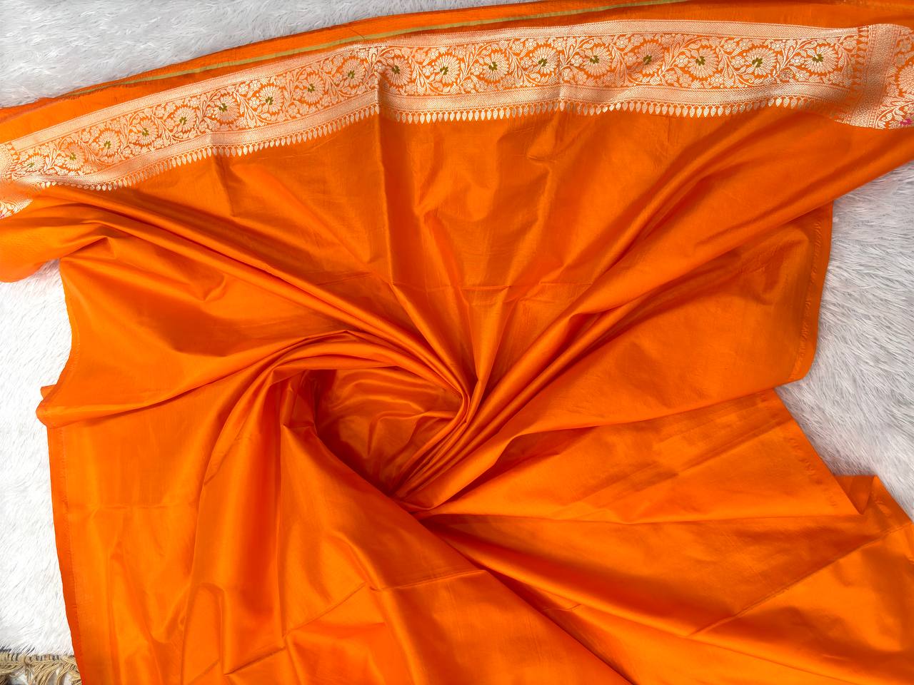 Festive Marigold Tangerine Katan Silk Banarasi Saree | Antique Gold Kadhua Ogee Lattice & Meenakari Peacock Fan Boota