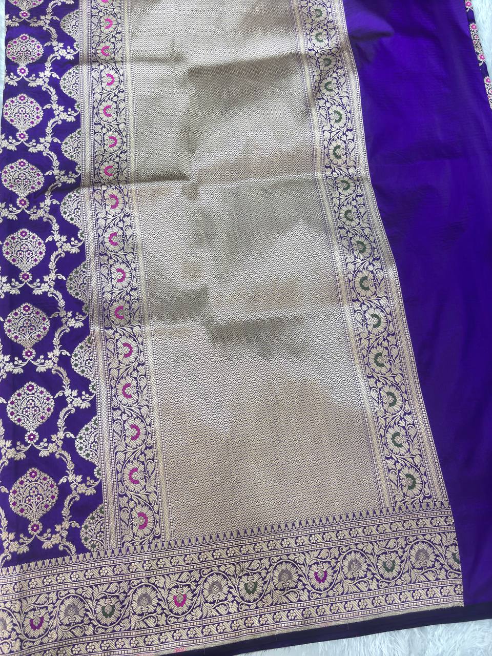 Royal Wine Violet Katan Silk Banarasi Saree | Opulent Cutwork Ogee Lattice Jaal with Sona Rupa Zari & Meenakari Peacock Fan Boota