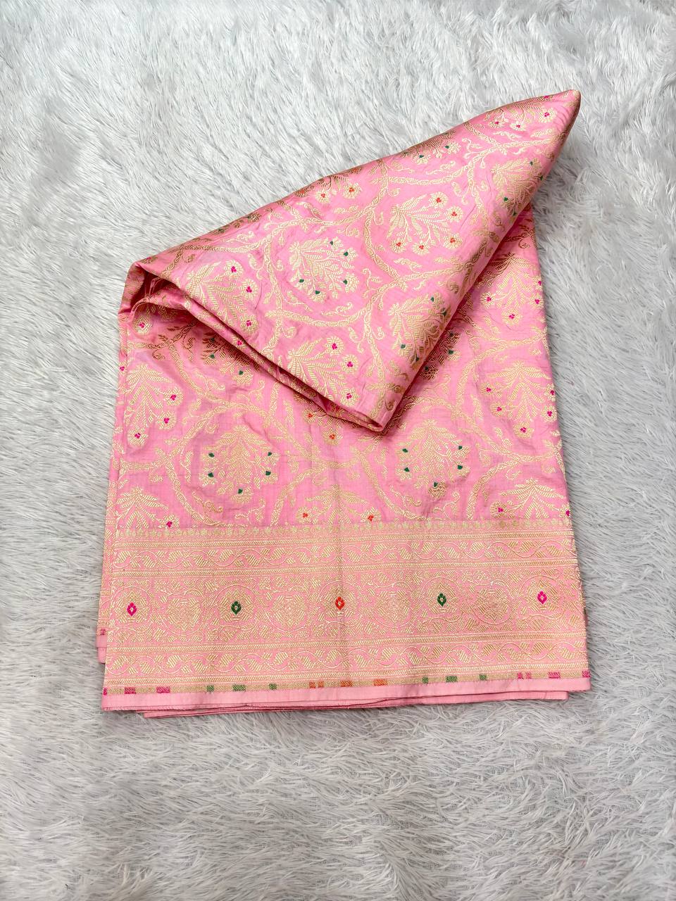 Blush Lotus Pink Katan Silk Banarasi Saree | Delicate Cutwork Ogee Jangal Jaal with Muted Sona Zari & Micro Meenakari Accents