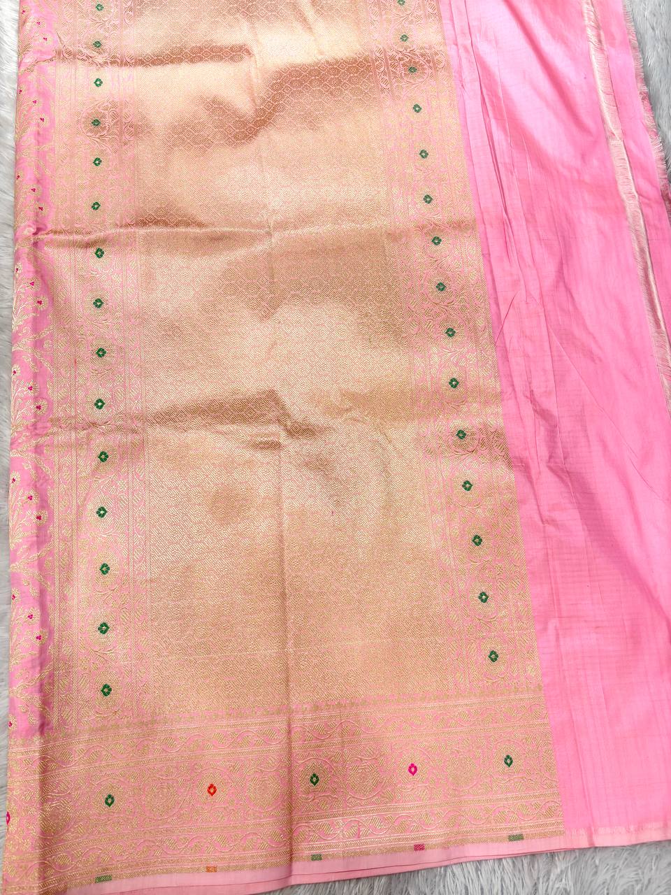 Blush Lotus Pink Katan Silk Banarasi Saree | Delicate Cutwork Ogee Jangal Jaal with Muted Sona Zari & Micro Meenakari Accents