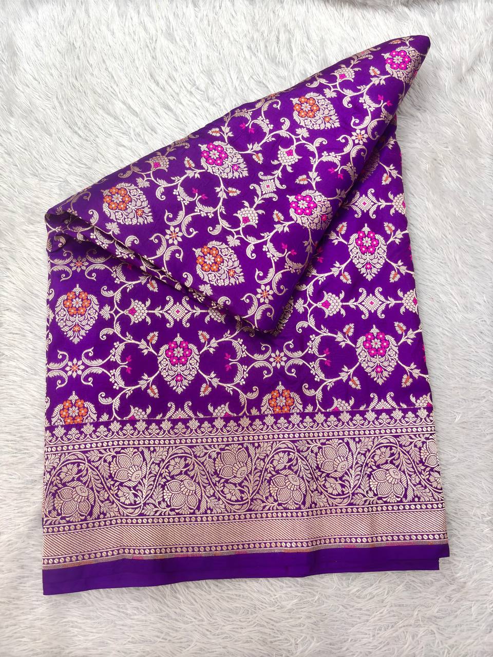 Royal Wine Violet Katan Silk Banarasi Saree | Opulent All-Over Ogee Jangal Floral Vines with Sona Rupa Zari & Jeweled Hand Meenakari