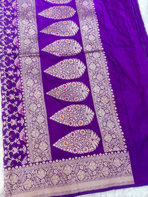 Royal Wine Violet Katan Silk Banarasi Saree | Opulent All-Over Ogee Jangal Floral Vines with Sona Rupa Zari & Jeweled Hand Meenakari