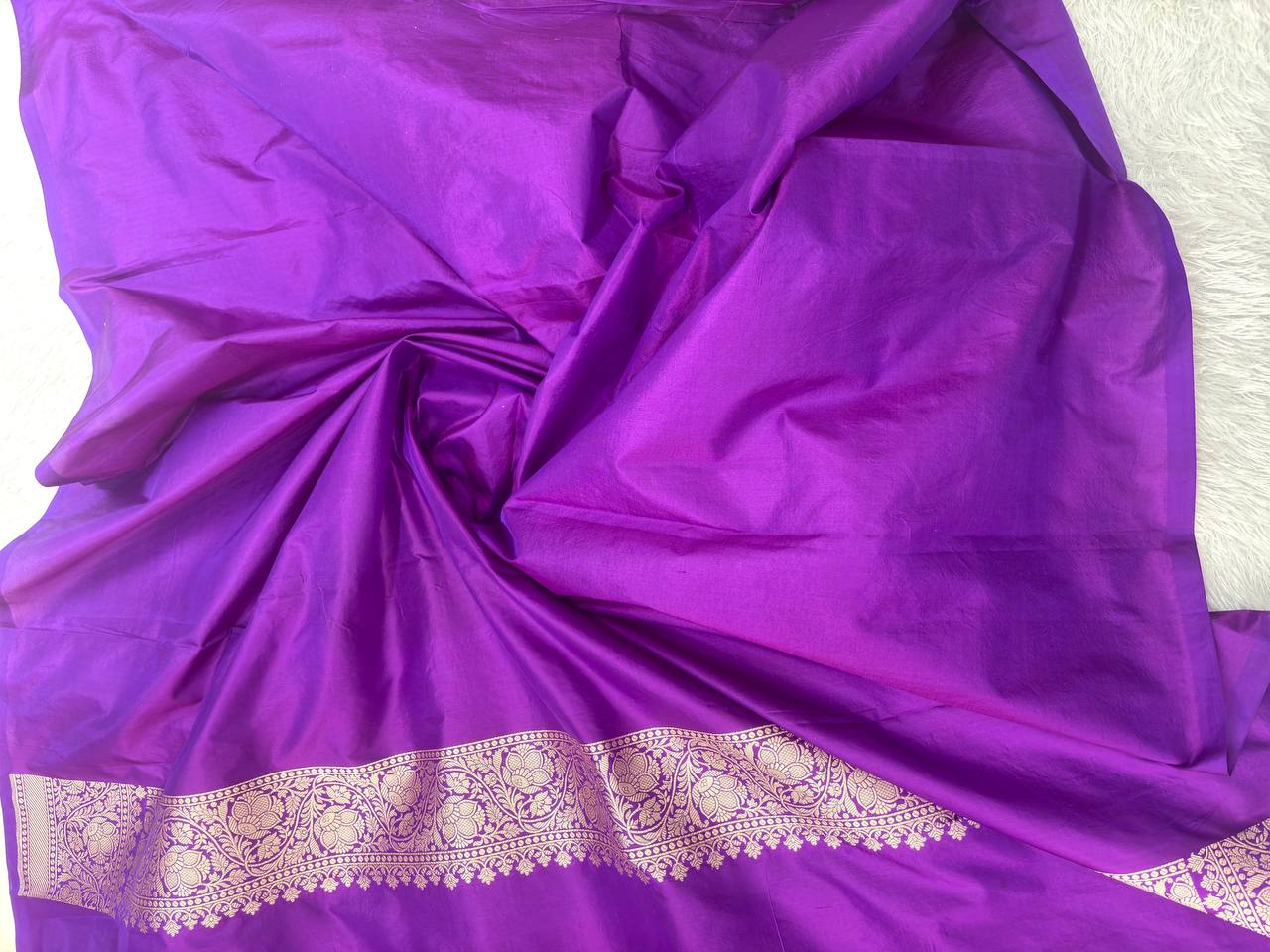 Royal Wine Violet Katan Silk Banarasi Saree | Opulent All-Over Ogee Jangal Floral Vines with Sona Rupa Zari & Jeweled Hand Meenakari